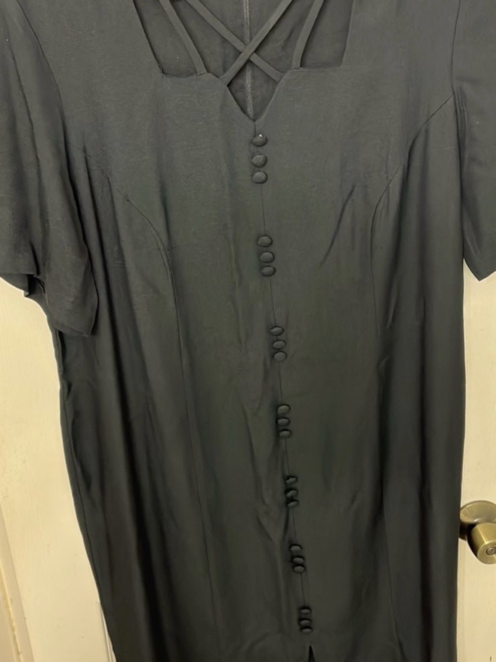 Black Button-Front Dress with Crisscross Neckline